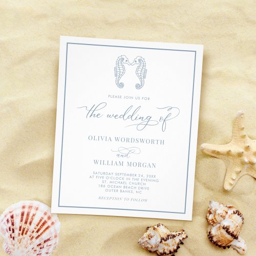Budget Seahorse Wedding Invite Dusty Blue Flyer