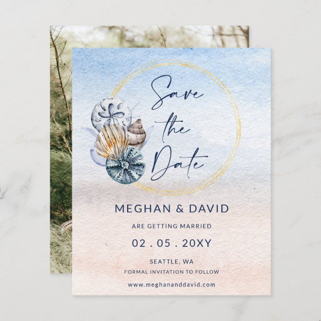 Budget Seashells Summer Beach Photo Save The Date (Front/Back)