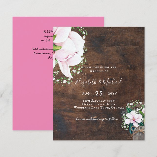 BUDGET Shabby Pink Magnolia Chic Wedding Invite (Front/Back)