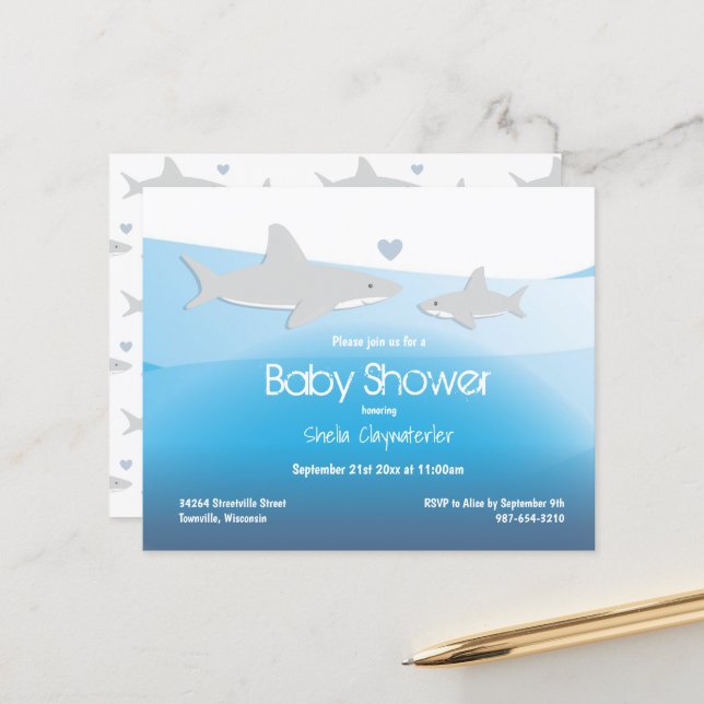 Budget Shark Blue Ocean Baby Shower Invitation (Front/Back In Situ)