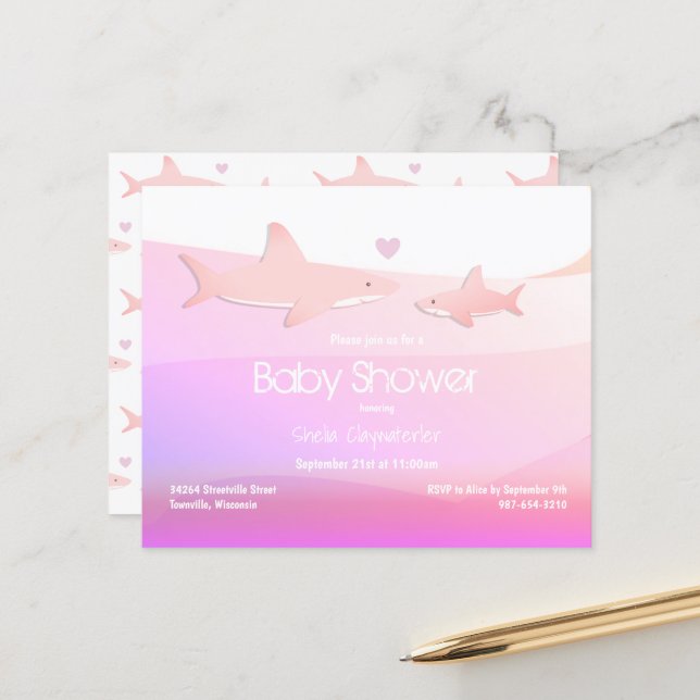 Budget Shark Pink Ocean Baby Shower Invitation (Front/Back In Situ)
