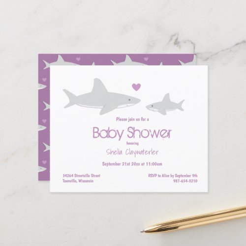 Budget Shark Purple White Baby Shower Invitation