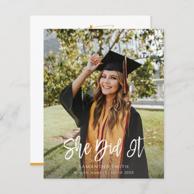 BUDGET She Did It Minimalist Photo Grad Invitation (Front/Back)