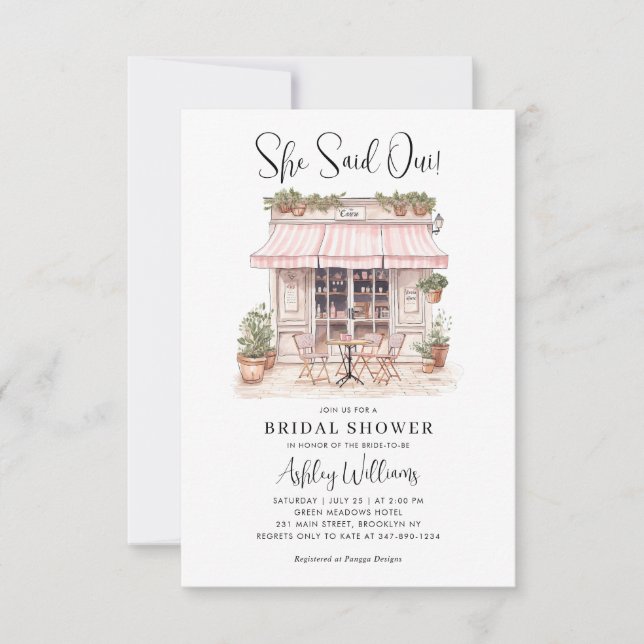 Budget She Said Oui Paris Theme Cafe Bridal Shower Note Card (Front)