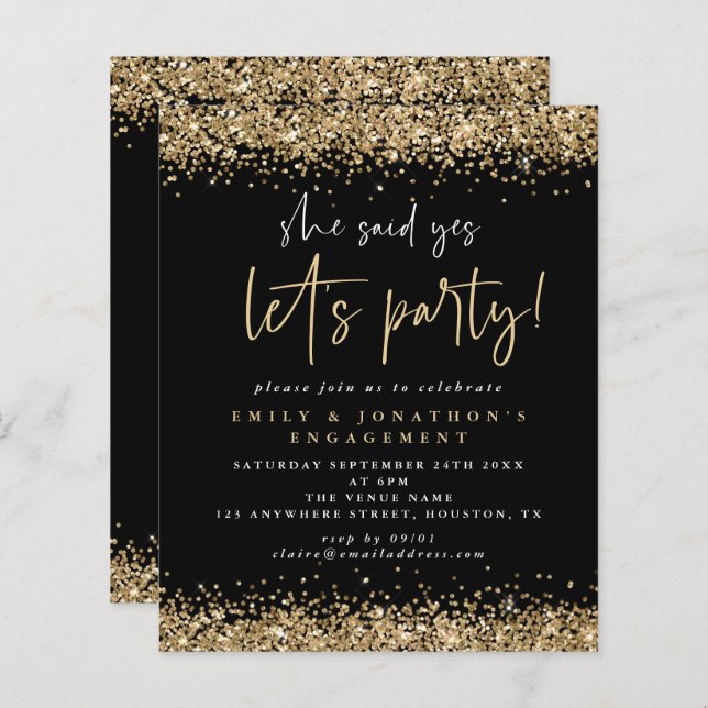 Budget She Said Yes Gold Glitter Engagement Invite (Front/Back)