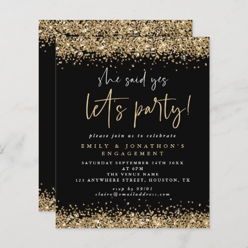 Budget She Said Yes Gold Glitter Engagement Invite