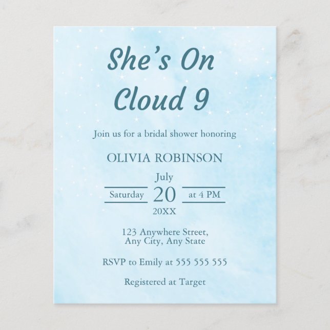 Budget She's On Cloud 9 Bridal Shower Invitation  Flyer (Front)