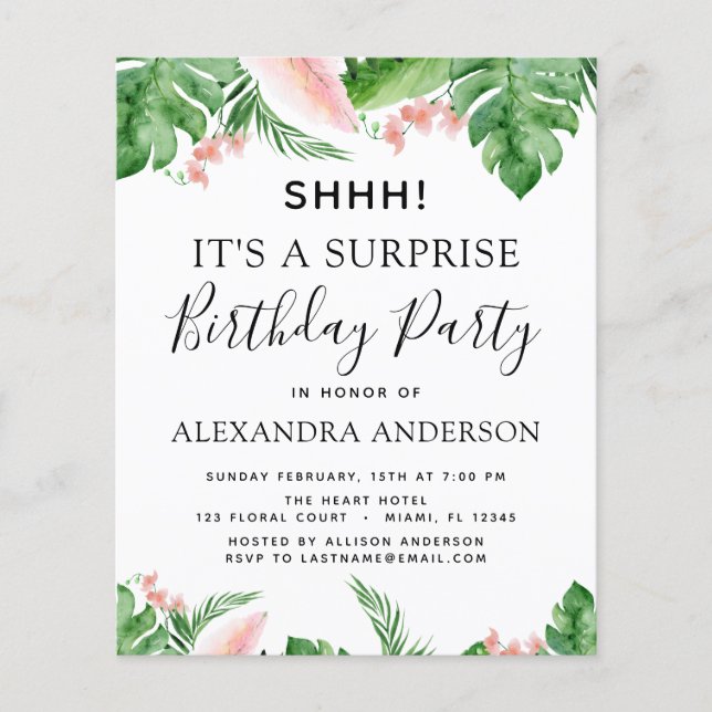Budget Shhh Surprise Birthday Party Tropical Flyer (Front)