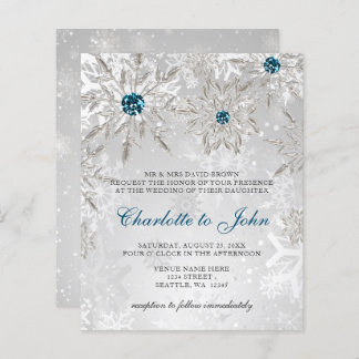 Budget Silver Aqua Snowflakes Wedding Invitation
