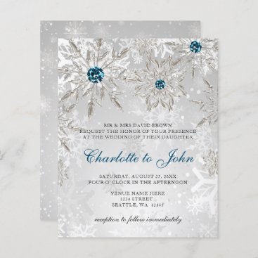 Budget Silver Aqua Snowflakes Wedding Invitation