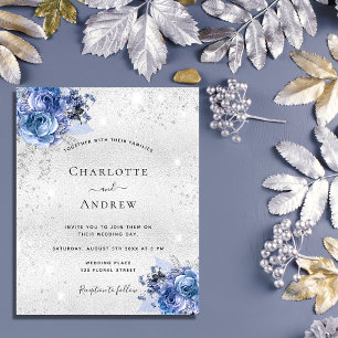 Budget silver blue florals wedding invitation