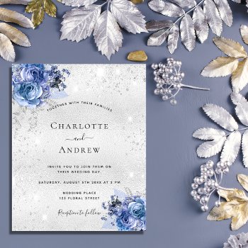 Budget Silver Blue Florals Wedding Invitation by Thunes at Zazzle