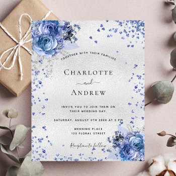 Budget Silver Blue Florals Wedding Invitation by Thunes at Zazzle