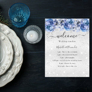 Budget silver blue florals wedding program flyer