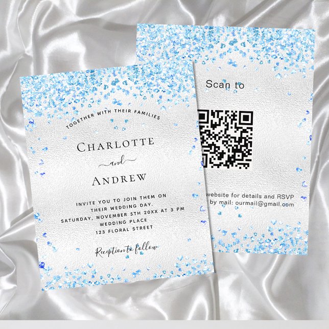 Budget silver blue QR code wedding invitation (Creator Uploaded)