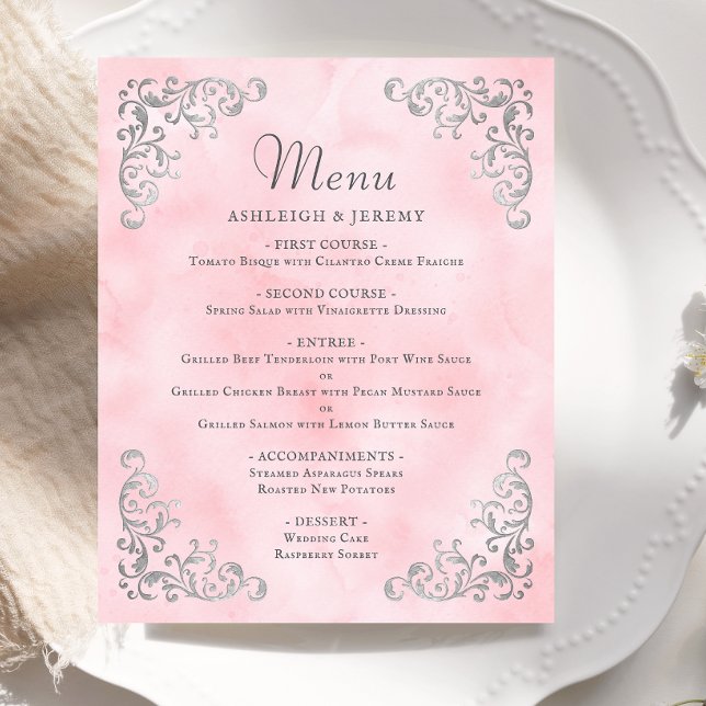 Budget Silver Blush Pink Vintage Wedding Menu (Creator Uploaded)