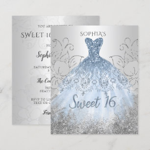 Budget Silver Dusty Blue Dress Sweet 16 Invitation