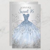 Budget Silver Dusty Blue Dress Sweet 16 Invitation