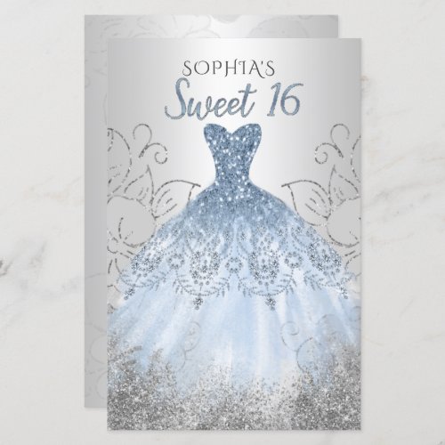 Budget Silver Dusty Blue Dress Sweet 16 Invitation