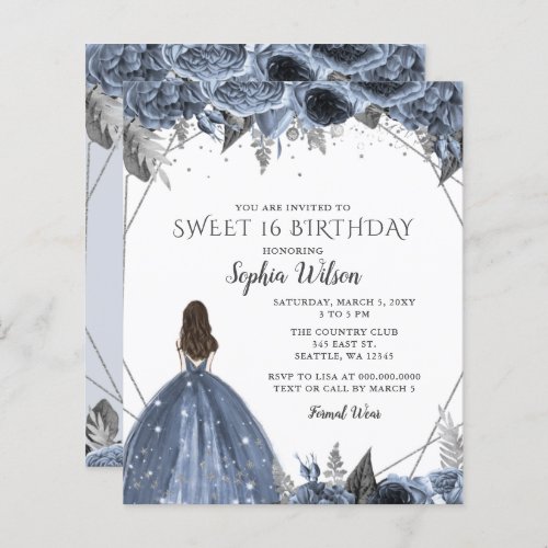 Budget Silver Dusty Blue Dress Sweet 16 Invitaton