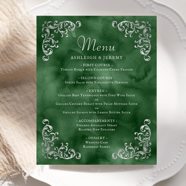 Budget Silver Emerald Green Vintage Wedding Menu (Creator Uploaded)