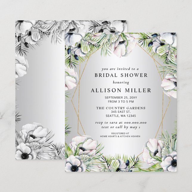 Budget Silver Floral Bridal Shower Invitation (Front/Back)