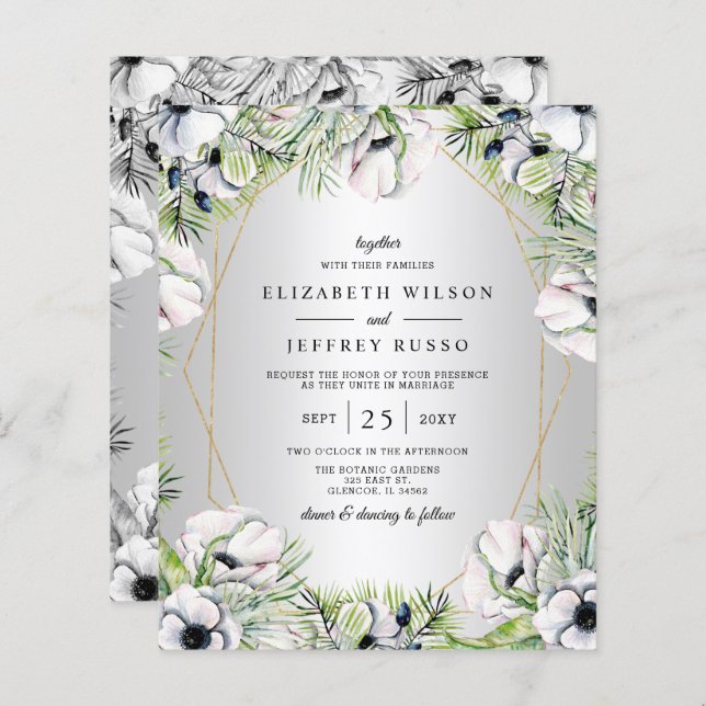 Budget Silver Floral Geometric Wedding Invitation (Front/Back)