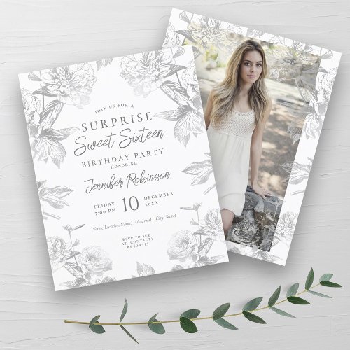 Budget Silver Floral SURPRISE Sweet 16 Invite