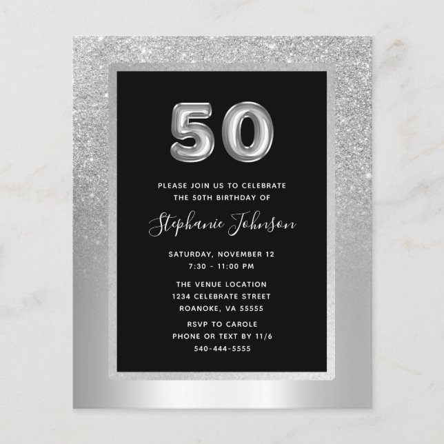 Budget Silver Foil 50th Birthday Party Invite (Front)