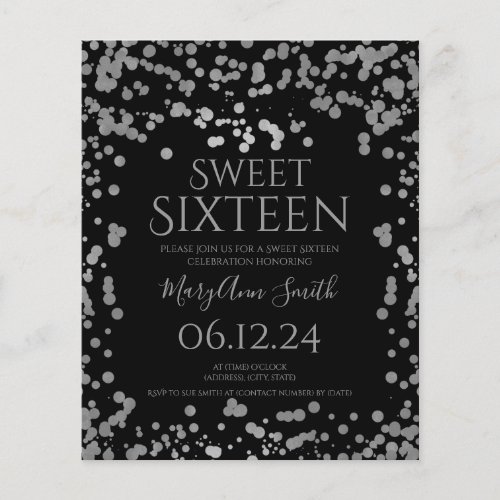 Budget Silver Foil Confetti Sweet 16 Invite Black 