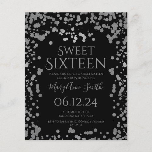 Budget Silver Foil Confetti Sweet 16 Invite Black  Flyer