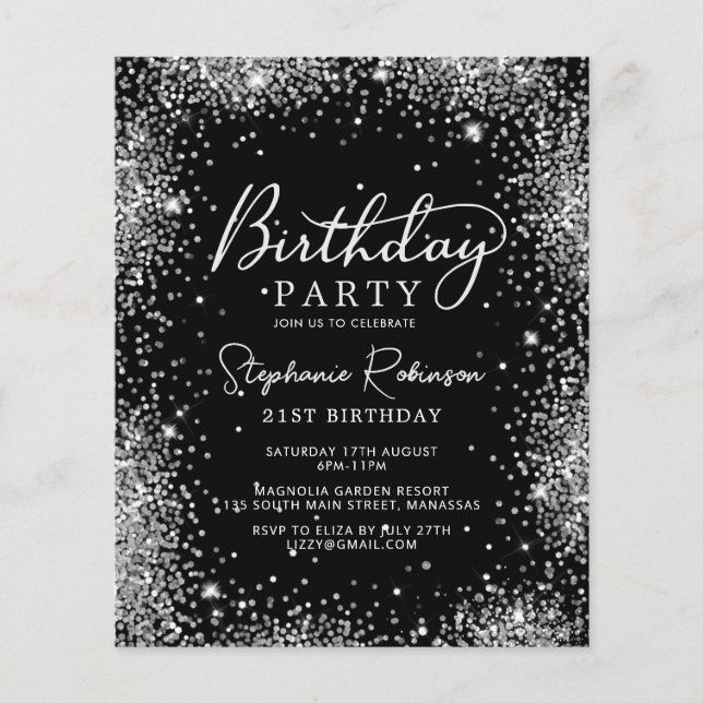 Budget Silver Glitter Black 21st Birthday Invite (Front)