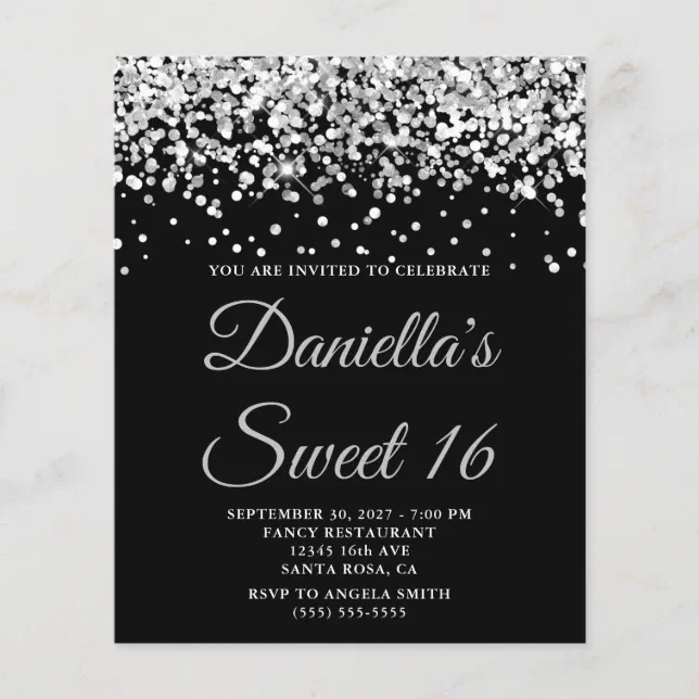 Budget Silver Glitter Black Sweet 16 Invitation | Zazzle