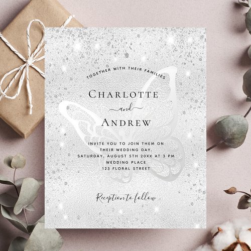 Budget silver glitter butterfly wedding invitation