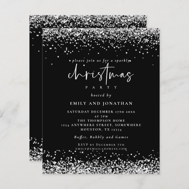 Budget Silver Glitter Christmas Party Black Invite (Front/Back)