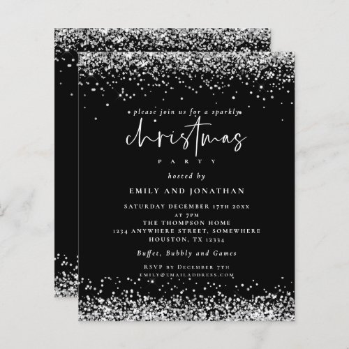 Budget Silver Glitter Christmas Party Black Invite