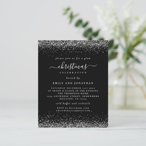 Budget Silver Glitter Christmas Party Black Invite