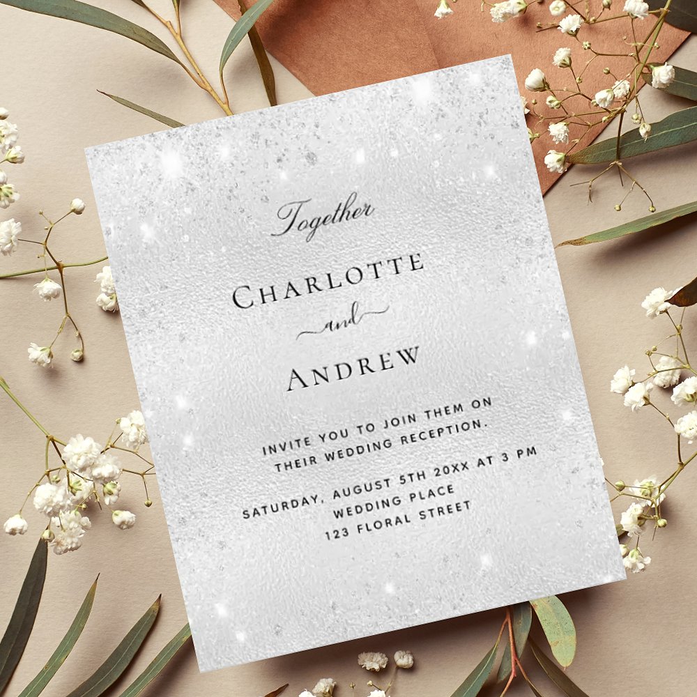 Silver Invite Budget silver glitter elegant wedding invitation - Snuggle Hamster Designs