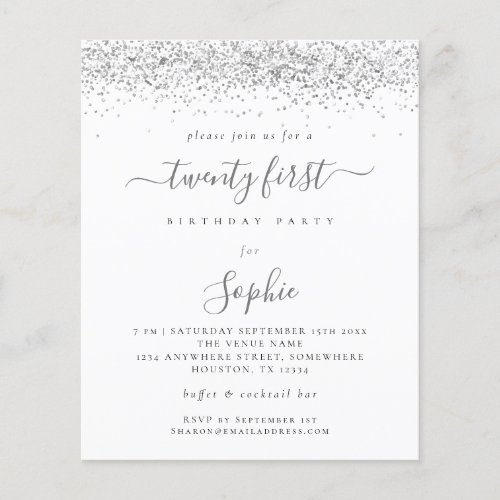 Budget Silver Glitter Girly 21st Party Invitation