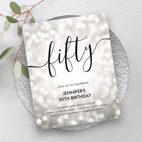 BUDGET Silver Glitter Lights 50th Birthday Invite Flyer