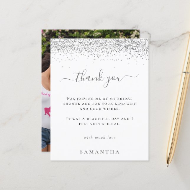 Budget Silver Glitter Photo Bridal Shower Thanks (Front/Back In Situ)