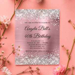 Budget Silver Glitter Pink 40th Birthday Invite