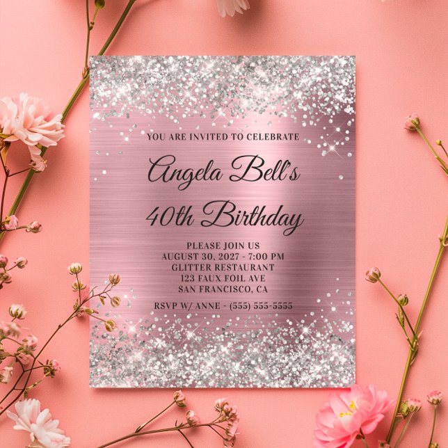 Budget Silver Glitter Pink 40th Birthday Invite (Budget Silver Glitter Pink 40th Birthday Invite)