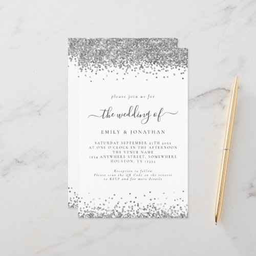 Budget Silver Glitter QR Code Wedding Invite