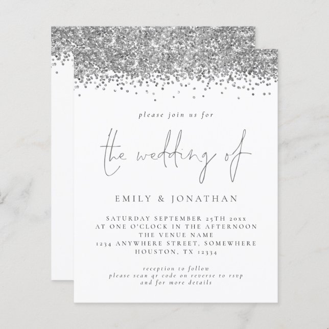Budget Silver Glitter QR Code Wedding Invite (Front/Back)