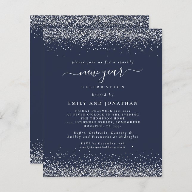 Budget Silver Glitter Script Blue New Years Party (Front/Back)