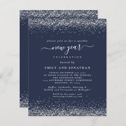 Budget Silver Glitter Script Blue New Years Party