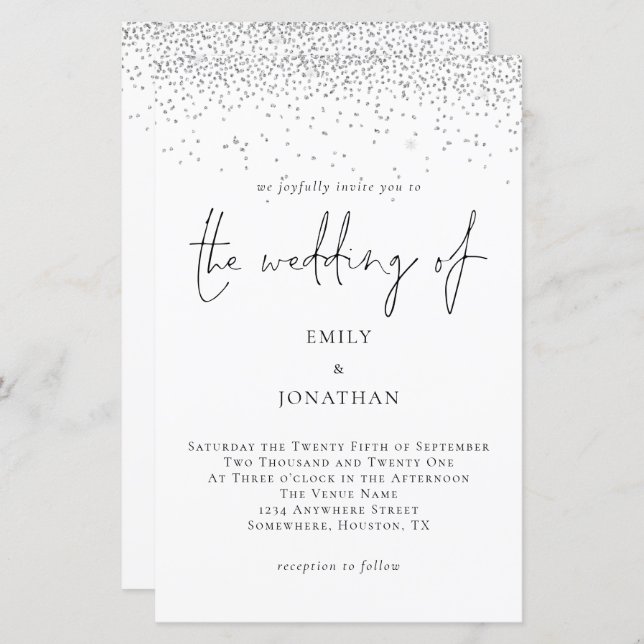 Budget Silver Glitter Script Wedding Invitation (Front/Back)