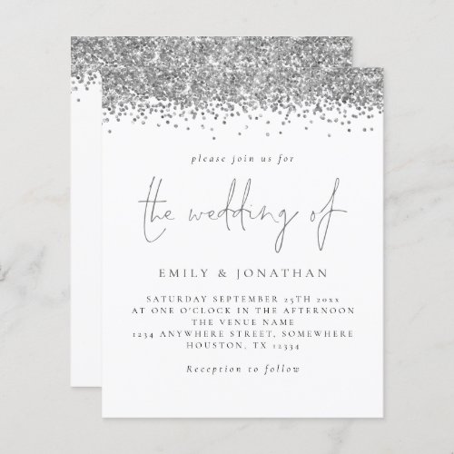 Budget Silver Glitter Script Wedding Invitation