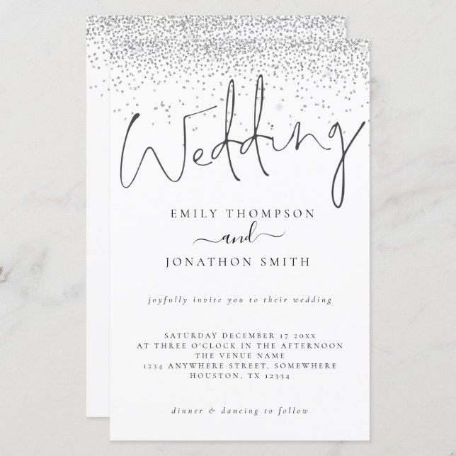 Budget Silver Glitter Script Wedding Invite (Front/Back)
